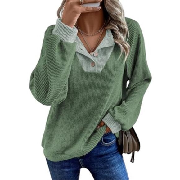 Sweaters - Womens Spring Fashion 2026 Womens Long Sleeve Shirts Patchwork Button